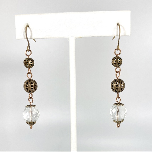 Crystal & Brass Filigree Earrings, Handmade, Antique Brass, Victorian, Baroque - Picture 3 of 7